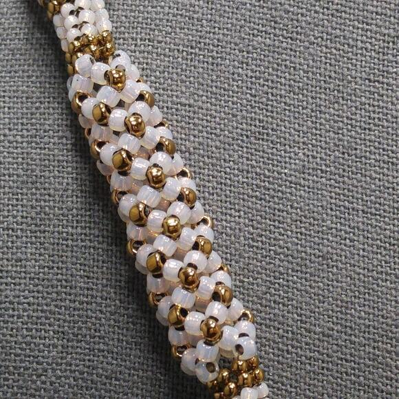 Artisan Woven Glass Beaded Necklace, Opalescent Pink Gold Glass Beads, 20 Inches - Picture 11 of 12